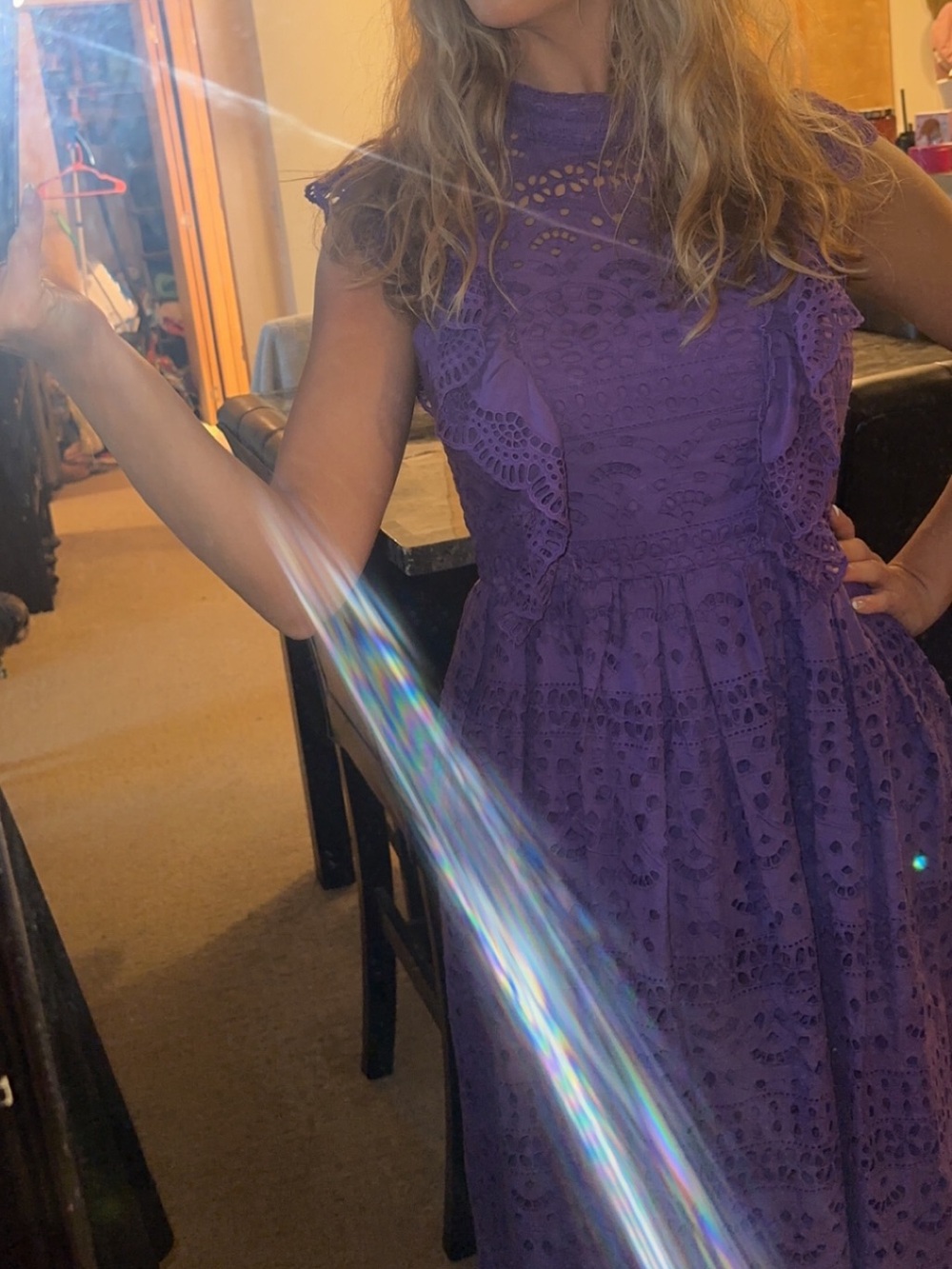 ASOS Purple Eyelet Midi Dress with Ruffle Sleeves